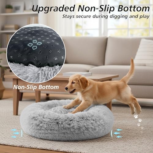 JOLLYVOGUE Calming Dog Bed for Small Dogs - 23 inches Donut Washable Small Dog Bed for Kittens & Puppies, Anti-Slip Round Fluffy Plush Faux Fur Cat Beds (Fits up to 25 lbs Pets, Grey) - Image 5