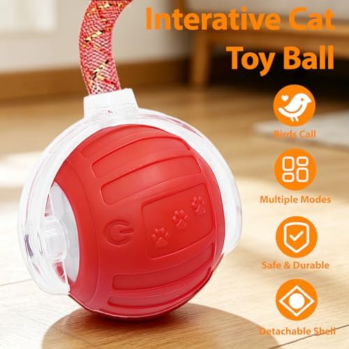 Interactive Cat Toys Ball for Indoor Cats, Automatic Self-Rolling, Motion-Activated, Bird Chirping Cats Dogs Ball Toy with Elastic Mesh Tail, Cat Enrichment Toys for Indoor Cats (Red) - Image 2
