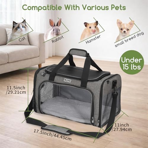 Pet Carrier for Cats & Small Dogs, Travel Carrier with Anti-Collapse Support, Chew Resistant Buckles, Luggage Sleeve, Multi-Pocket Storage, Reversible Mat & Bowl (Gray, Medium (17.5"x11"x11.5")) - Image 3