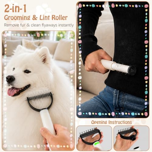 2-in-1 Dog Dematting Tool & Deshedding Comb with Built-in Lint Roller | Undercoat Rake for Loose Fur, Mats & Stubborn Knots, Cat Mat Remover with 2 Extra Refill Rolls - Image 2