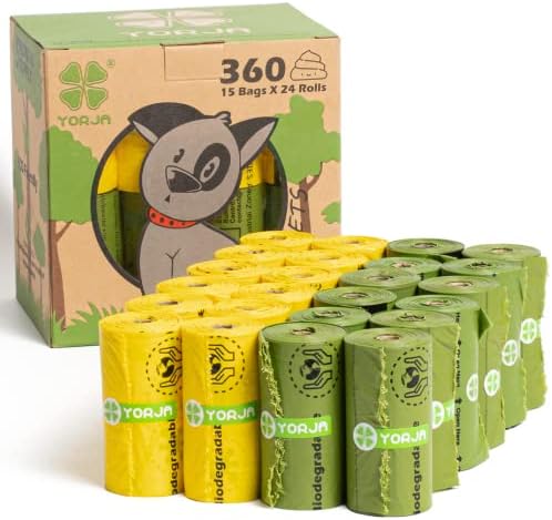 Dog Poop Bags Rolls with OK biobased Certified, 360 Pet Waste Bags, 100% Leak Proof Extra Thick and Strong Corn Starch Based by YORJA