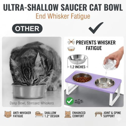 Summark Upgraded Elevated Cat Bowls with Food Mat,15°Tilted Stand Anti Vomiting Raised Cat Dishes for Food and Water,2 Stainless Steel Bowls for Cats and Puppy（Lavender） - Image 2