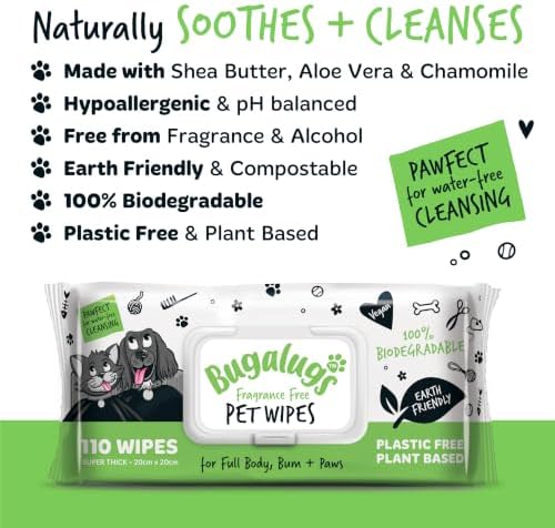 BUGALUGS Dog Wipes, 100% Plastic Free Biodegradable pet Wipes for Full Body, Eye Wipes, Ear Wipes, Bum & Paws. 110 Sensitive Dog Grooming Wipes for Dogs, Puppy & cat Grooming (Fragrance Free) - Image 4
