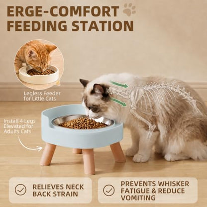 Elevated Cat Bowls, 2P Raised Cat Food and Water Bowl Set for Indoor Cats, Splash Proof with 2 Stainless Steel Pet Food Bowls for Cats ＆ Puppies, Whisker Friendly and Dishwasher Safe - Blue - Image 3