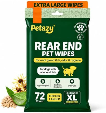Petazy XL Rear End & Butt Pet Wipes for Dogs & Cats, Unscented, 72ct by Petazy