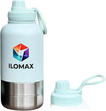 ILOMAX 3-in-1 Stainless Steel Dog Travel Water Bottle with Food & Water Bowls, Leak-Proof & Insulated, Extra Magnetic Lid, Keeps Drinks Cold 12H/Hot 6H, Portable Outdoor Hydration, 32oz (Bluish White)