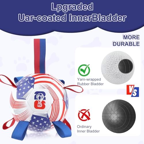 Dog Soccer Ball with Straps, 7.25 Inch Herding Dog Ball Toys World Cup Dog Toy, Balls for 30-90lbs Dogs, Outdoor Dog Toy for Medium Large Puppy, Interactive Toy for Tug, Water Toy Ball,U.S.A - Image 3