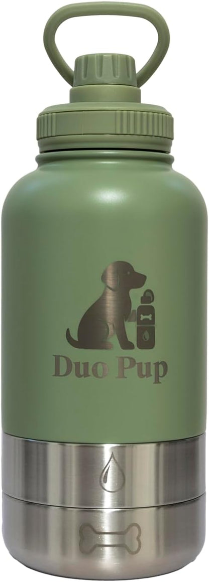 DuoPup 32oz Insulated Stainless Steel Pet Water & Food Bottle – Portable Leak-Resistant Dispenser with Two Detachable Bowls & Carrying Strap – Travel, Hiking & Outdoor Pet Hydration – LightGreen