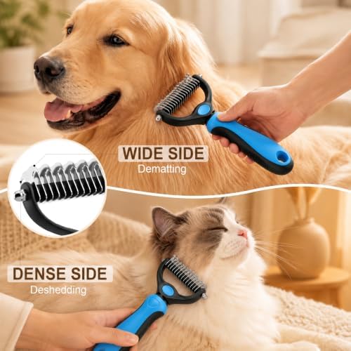 Dematting Comb for Dogs and Cats, Pet Grooming Rake, Double Sided Deshedding Brush for Dogs & Cats, Deshedding Dog Brush Removes Tangles Knots and Loose Fur for Long Haired Pets (Blue+pink) - Image 3