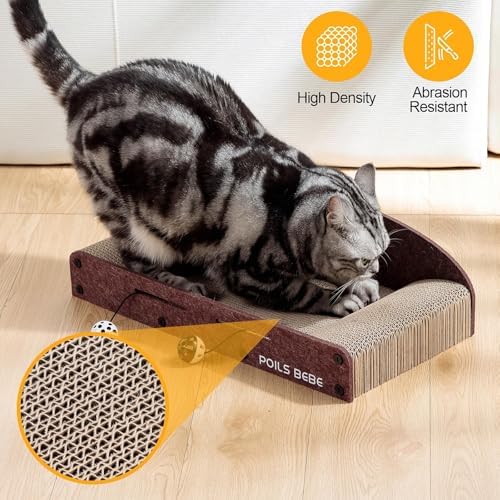 Poils Bebe 26 Inch Sofa Cat Scratcher, Small Cat Scratcher Cardboard with Bell Balls, Durable Couch Lounger for Indoor Cats, Cat Scratch Furniture Protector with Catnip, Cat Toys - Image 5