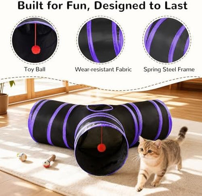 Tempcore Cat Tunnel, 3-Way Collapsible Toy for Indoor Cats, Black & Purple - Image 5