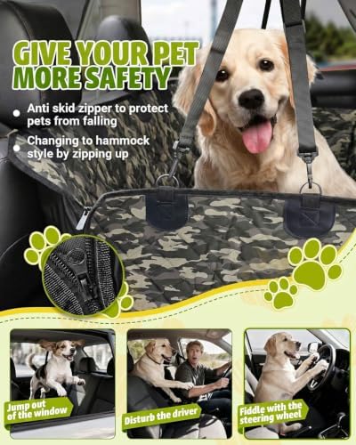 Dog Car Seat Cover, 600D Heavy Dute Car Seat Cover for Dogs Pets, 100% Waterproof Anti-Scratch Nonslip Dog Hammock for Cars, Seat Covers Protector with SeatBelt for Sedan SUV Truck Standard Camo - Image 5