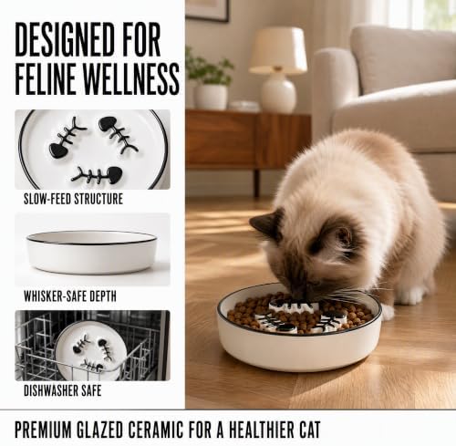 Shallow Ceramic Cat Slow Feeder Bowls, Anti-Vomit Food Plates for Whisker Fatigue Relief, Dishwasher Safe, Anti-Acne, Black Chin Prevention,Cat Slow Feeder Bowls for Dry and Wet Food, Easy Daily Use - Image 6