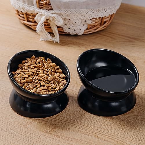 Elevated Ceramic Cat Bowl, 15° Tilted Raised Food & Water Dishes, Anti-Vomiting & Neck Protection Pet Feeder for Kittens, Small Dogs (5.2", Black, 2pc Set) - Image 5