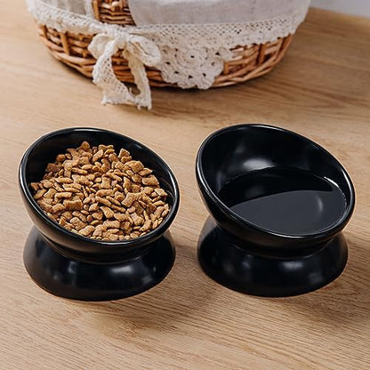 Elevated Ceramic Cat Bowl, 15° Tilted Raised Food & Water Dishes, Anti-Vomiting & Neck Protection Pet Feeder for Kittens, Small Dogs (5.2", Black, 2pc Set) - Image 5