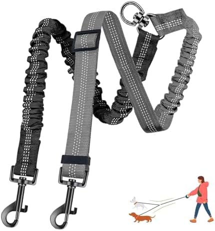 Double Leash for Two Dogs, 2-in-1 Upgraded Double Dog Leash, No Tangle Dual Training Splitter, Reflective Walking Training Lead for Small Medium Dog, Gray by Jaukam