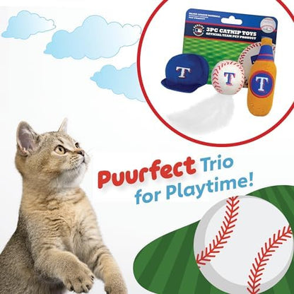BEST PLUSH CAT TOY: MLB TEXAS RANGERS Complete Set of 3 piece Cat Toys filled with Fresh Catnip. Includes: 1 Baseball Cap Cat Toy, 1 Baseball Cat Toy with Feathers & 1 Beer Bottle. Beautiful Team LOGO - Image 4