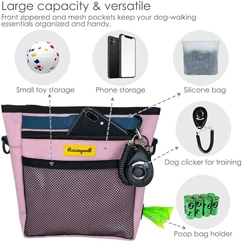 Raisingwell Dog Treat Pouch with Magnetic Closure 4-Cup Silicone Bag Fanny Pack Holder with Clicker 4 Ways to Wear Front Pocket Fits All Phones Ideal for Leash, Pet Walking and Training（Pink） - Image 4