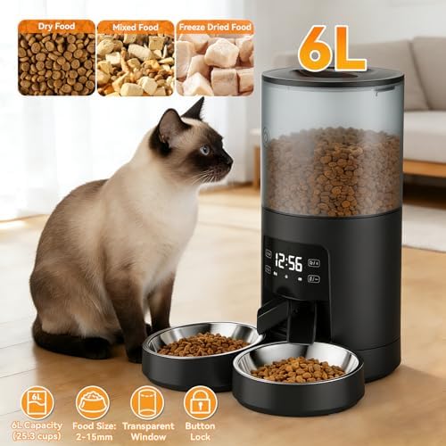 NEWBULIG Automatic Cat Feeder for 2 Pets 6L Dog Food Dispenser, Black - Image 3