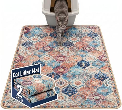 Hompet Cat Litter Mat 2 Pack, 48x60 Large Machine Washable Trapping Mats for Cats, Super Absorbent & Urine-Proof Cat Litter Box Mat for Floor, Waterproof & Non Slip Kitty Litter Rug by Hompet