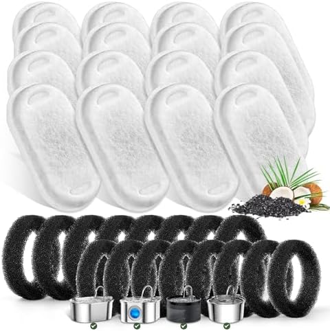 Cat Water Fountain Filters for Stainless Steel 67oz/2L Adjustable Water Flow Pet Fountain, 16 Pack Pet Replacement Filters with 16 Sponges by Monsin