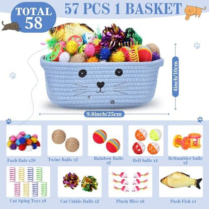 Zopeal 58 Pcs Cat Toy Set with Storage Basket Indoor, Light Blue, 9.8 Inch - Image 2
