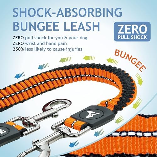 Kruz Double Dog Leash for Two Dogs (Width - 1”, Length 20”-42”) Dual Leash Coupler with Tangle-Free Swivel, Shock-Absorbing Reflective Bungee for Comfortable Walking & Training (Orange, Large) - Image 3