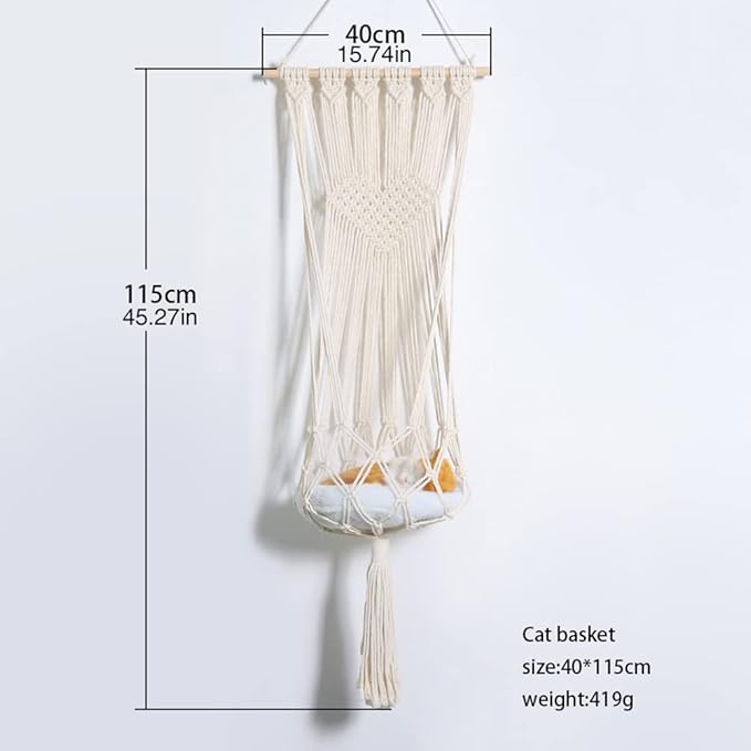 Hanging Macrame Cat Hammock Bed, Hanging Cat Bed, Boho Wall Hanging Cat Hammock for Indoor Outdoor Home Decor, Swing Bed for Cat Small Dog Sleeping Playing Climbing