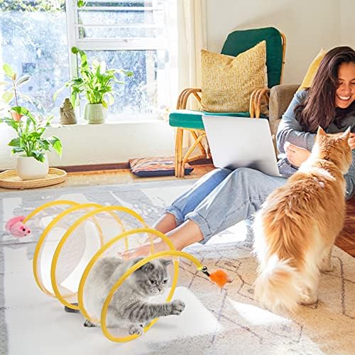 2-Pack Large Cat Tunnel Beds - Indoor & Outdoor,Kitten Collapsible Spring Tunnel Toy with Feather and Bell,Interactive Spring Toys for Cats & Kittens（Yellow） - Image 5