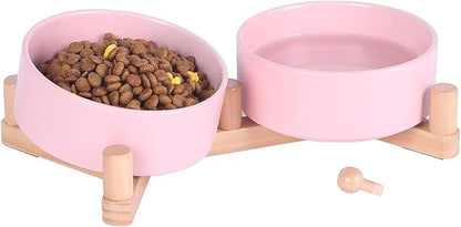 Ceramic Dog Bowl and Cat Bowls Set with 15° Adjustable Wood Stand, Non-Slip Weighted Pet Food and Water Bowls, Dual Raised Feeder for Small Dogs, Matte Glaze Pet Dish 13.5oz Set of 2 (Soft Pink)