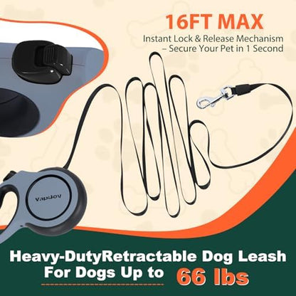 Retractable Dog Leash, 16ft Heavy Duty Retractable Pet Leash with Poop Bag Holder, 360° Tangle-Free for Small Medium Large Dogs Up to 66lbs, Anti-Slip Handle, One-Handed Brake Pause Lock（Gray） - Image 2
