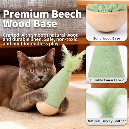 2 Pack Cat Feather Toys Wooden Tumbler - Interactive Wobble Self-Righting Plush Stuffed Toys for Indoor Cats & Kittens, Catnip Free Cute Kicker Chaser Set - Image 2
