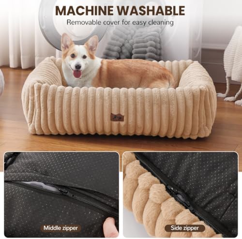 Dog Bed Medium Size Dog, Rectangle Orthopedic Pet Bed for Car and Indoor, Comfort Fluffy Memory Foam Dog Beds with Anti-Slip Bottom, Camel (30x24x8 inches) - Image 5
