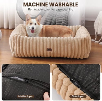 Dog Bed Medium Size Dog, Rectangle Orthopedic Pet Bed for Car and Indoor, Comfort Fluffy Memory Foam Dog Beds with Anti-Slip Bottom, Camel (30x24x8 inches) - Image 5