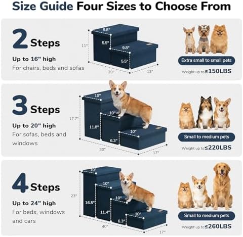 2-Step Wide Dog Stairs with Storage 11" H, Non-Slip Sturdy Pet Steps for Couch Chair, Dog Steps for Small/Medium Old Dogs, Cats, Rabbits Up to 150lbs, Foldable Cat Puppy Stairs for Car, Navy - Image 2