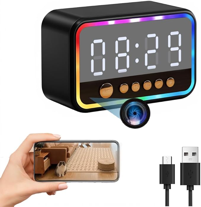 ULar 4K Camera Wireless Clock USB-Powered Picture Taking Cam–Motion Detection Pet Monitors for Home Indoor Security Cameras Support App Remote Colorful Alarm Clock - No Audio