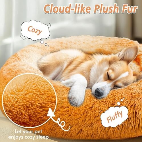 JOLLYVOGUE Calming Dog Bed Medium Size Dog, 31in Donut Washable Medium Pet Bed, Anti-Slip & Anti-Anxiety Fluffy Faux Fur Round Dogs Bed, Fits up to 45 lbs Pets (Orange) - Image 2