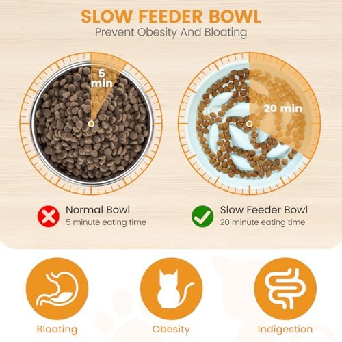 PETTOM Slow Feeder Cat Bowl with Stand, Ceramic Slow Eating Cat Bowl with Higher Edges Fish Pool Design Elevated Food Bowls for Dry and Wet Food Anti-Vomiting Puzzle Feeder for Healthy Eating Diet - Image 2