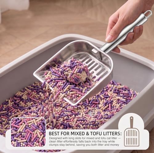 304 Stainless Steel Cat Litter Scoop with Striped Sifter, One-Piece Metal Kitty Shovel for Tofu & Mixed Litter, Rust-Proof Deep Sifter for Easy Home Maintenance - Image 2