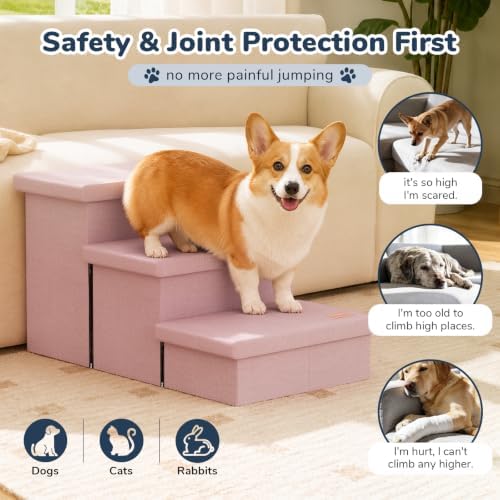 3-Step Wide Dog Stairs with Hidden Storage 18" H, Non-Slip Dog Steps for High Bed Couch Window Car, Jiont-Friendly Pet Stairs Ramp for Small/Medium/Large Old Dogs Cats Up to 200lbs, Pink - Image 6