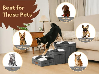 FUNNYFUZZY Dog Stairs with Storage 13“H,Foldable 3-Step Pet Steps for Small Medium Dogs with Sturdy Stylish Cover,Dog Steps for Couch Sofa and Chair,Non-Slip, Indoor,Grey