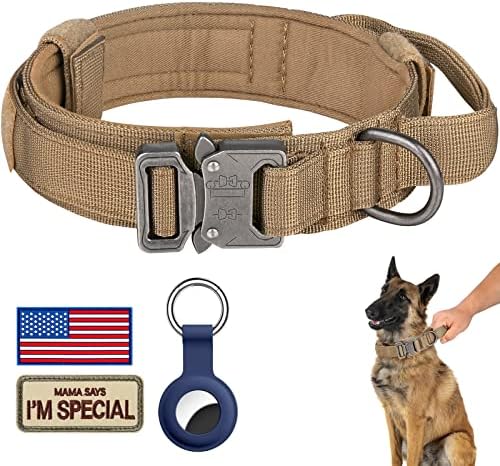 DAGANXI Tactical Dog Collar, Adjustable Military Training Nylon Dog Collar with Control Handle and Heavy Metal Buckle for Medium and Large Dogs, with Patches and Airtags Case (S, Brown) by DAGANXI