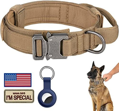 DAGANXI Tactical Dog Collar, Adjustable Military Training Nylon Dog Collar with Control Handle and Heavy Metal Buckle for Medium and Large Dogs, with Patches and Airtags Case (S, Brown) by DAGANXI