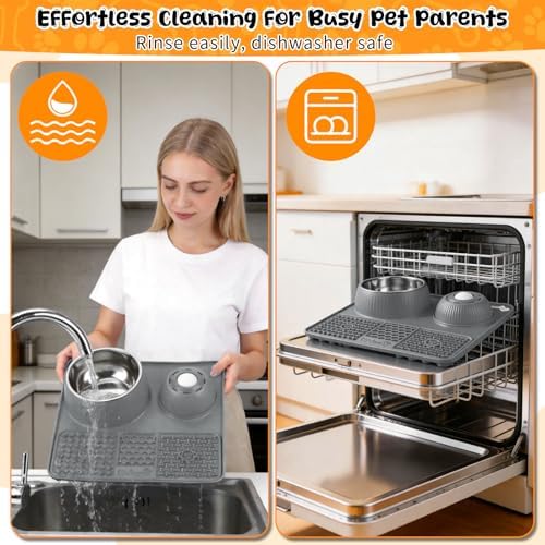 Slow Feeder Dog Bowl with Lick Mat & Interactive Rolling Ball, Stainless Steel Pet Feeding Station with Non-Slip Stable Grip Base for Wet Food, Dry Kibble (Light Gray) - Image 7