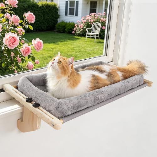 Cat Sill Window Perch - 100% Natural Pine Frame, Soft Plush Fleece Cushion, Tool-Free Adjustment, Supports 55 lbs (Extra Large-Grey) by Famifit
