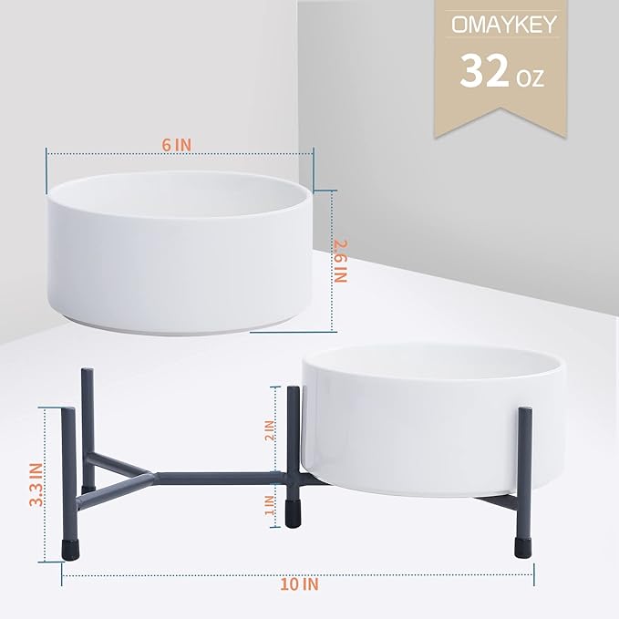 OMAYKEY 32 oz Ceramic Dog Cat Bowl Set of 2 with Elevated Metal Stand - 6 Inch Ceramic Round Pet Food and Water Feeder Bowl Dish for Cats & Dogs - White