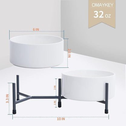 OMAYKEY 32 oz Ceramic Dog Cat Bowl Set of 2 with Elevated Metal Stand - 6 Inch Ceramic Round Pet Food and Water Feeder Bowl Dish for Cats & Dogs - White