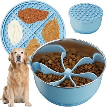 3-in-1 Stainless Steel Slow Feeder Dog Bowl with Lick Mat Storage Lid by Pawinner