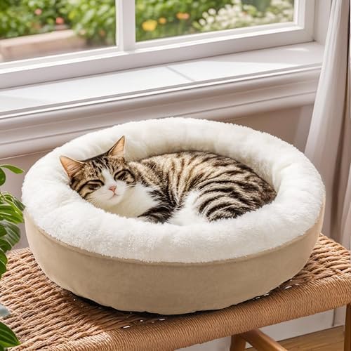 Love's cabin Round Donut Cat and Dog Cushion Bed, 20in Pet Bed for Cats or Small Dogs, Anti-Slip & Water-Resistant Bottom, Super Soft Durable Fabric Pet beds, Washable Luxury Cat & Dog Bed Camel - Image 6