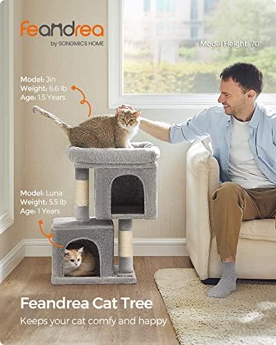 Feandrea Cat Tree, 26.4-Inch Small Cat Tower, Cute Plush Condo, Light Gray - Image 2